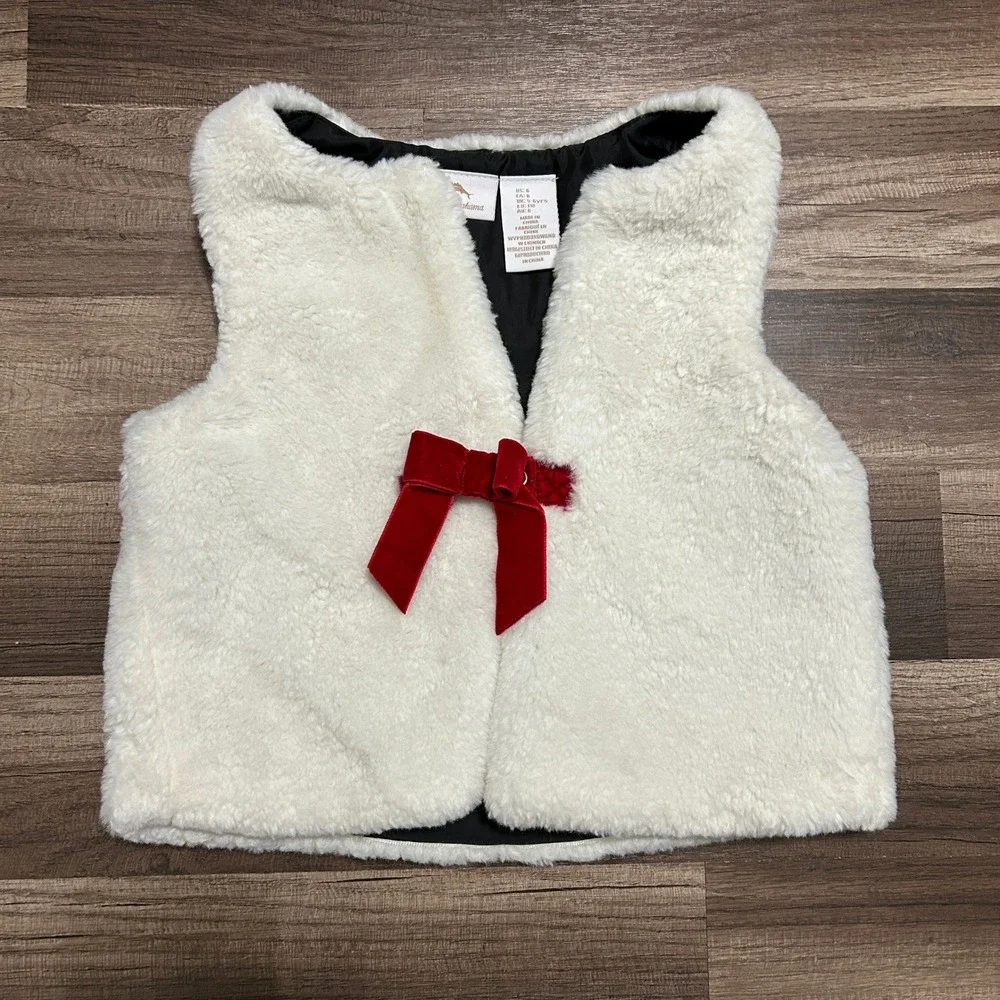 Tommy Bahama Faux Fur Vest Girls 6 White Red Velvet Bow Holiday Elegant Plush